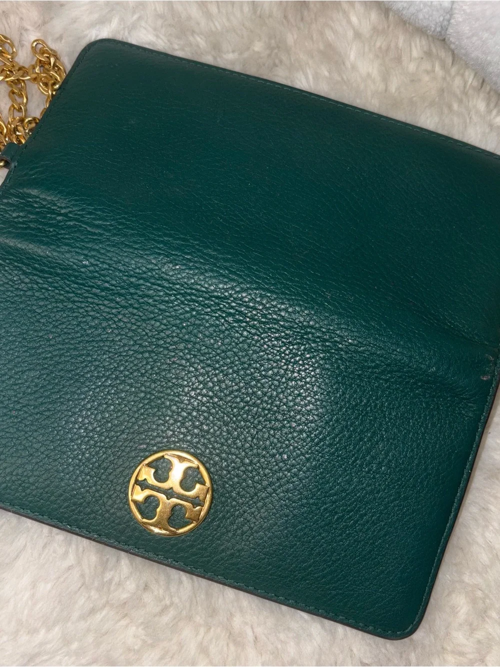 Tory Burch Emerald Green Pebbled Leather Zip Wallet with Gold Logo